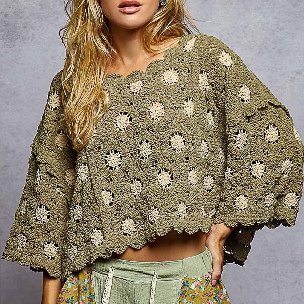 Crochet Knit Sweater in Olive and Cream